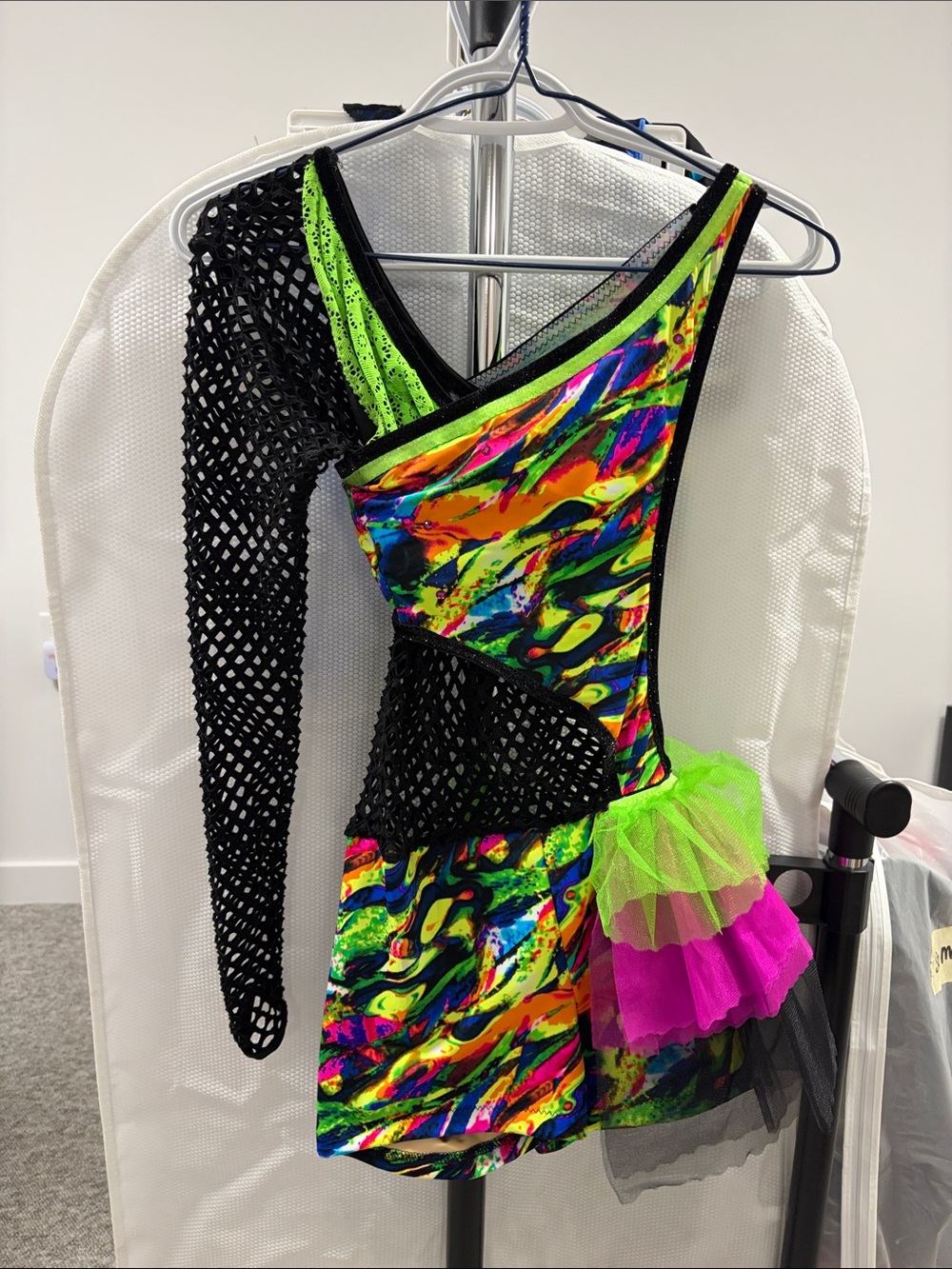 Kids Neon Multicolor One-Shoulder Dance Costume with Tulle Accent